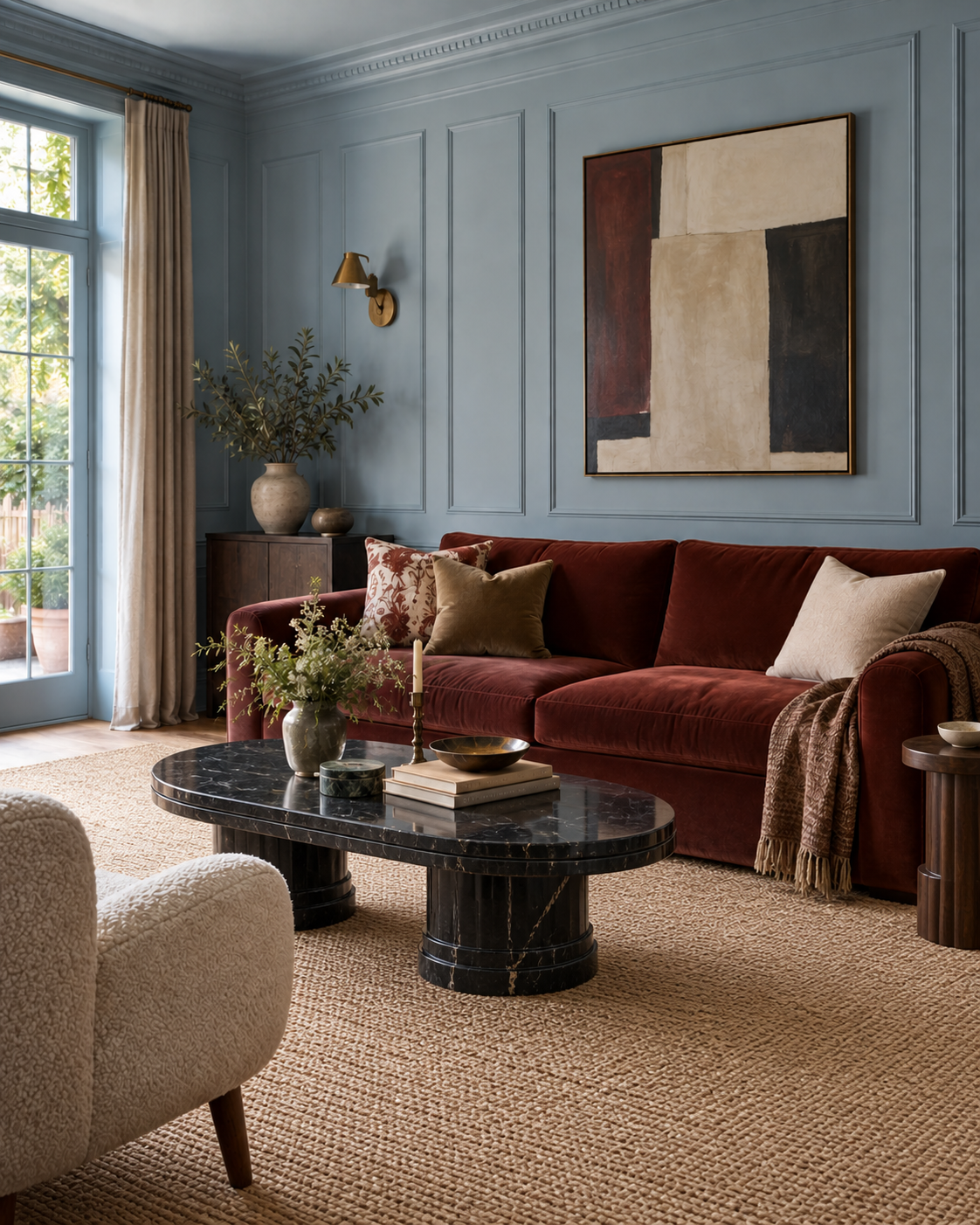 The same room scheme rendered with photorealistic materials and natural daylight.